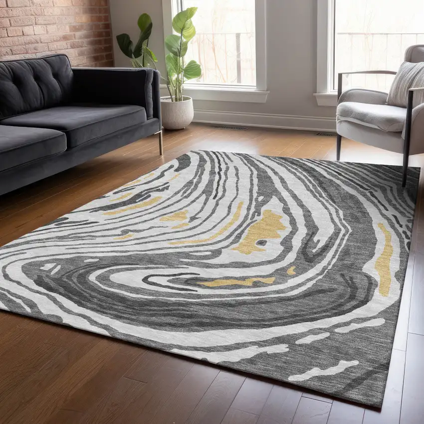 Gray Charcoal And Tan Abstract Washable Indoor Outdoor Area Rug Photo 9