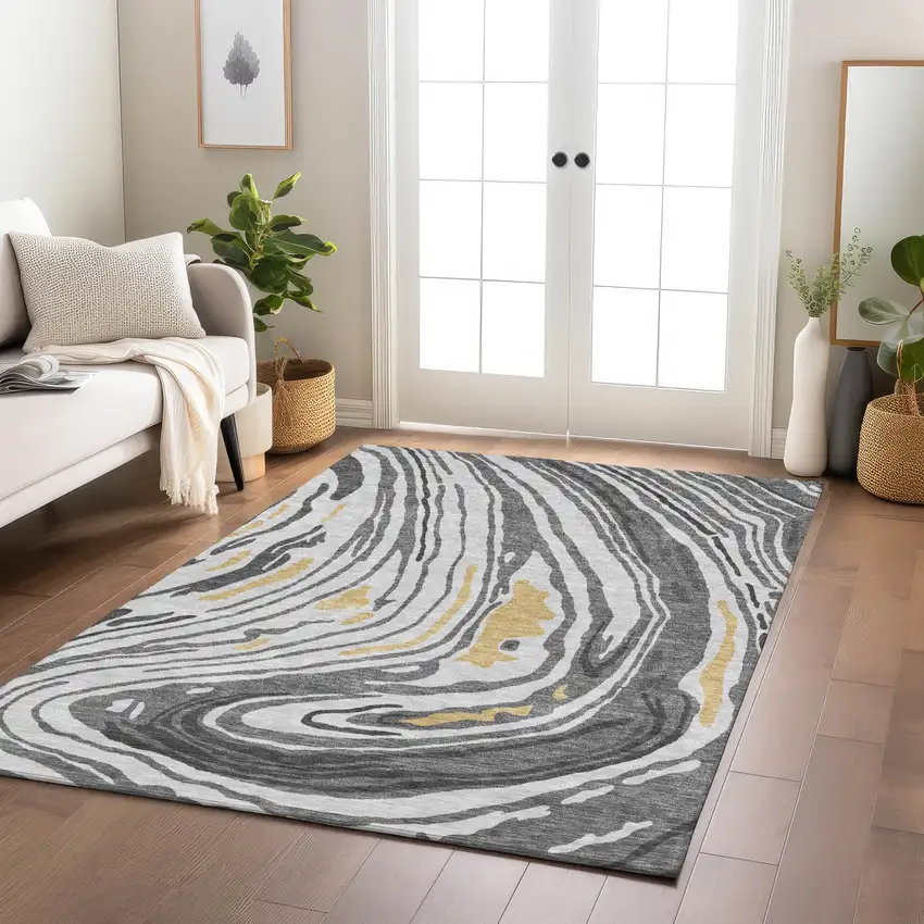 Gray Charcoal And Tan Abstract Washable Indoor Outdoor Area Rug Photo 9