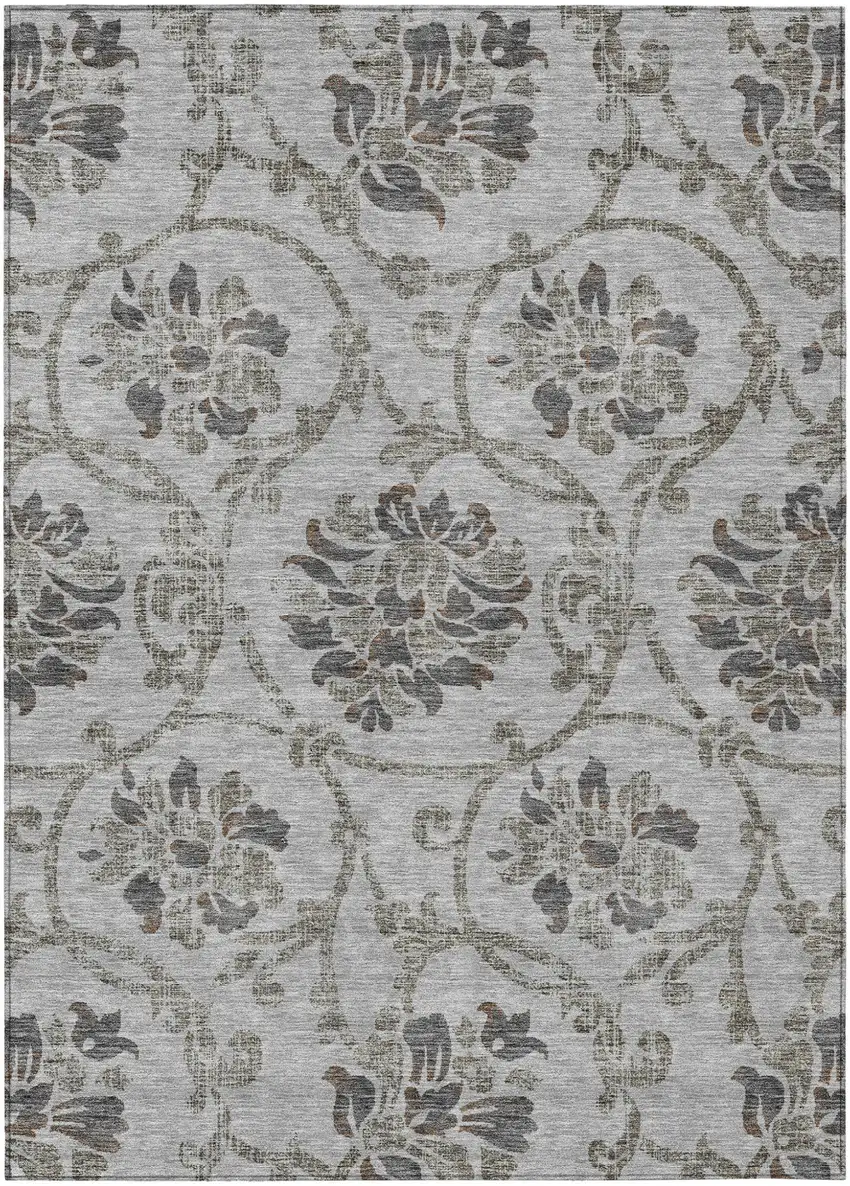 Gray Charcoal And Taupe Floral Washable Indoor Outdoor Area Rug Photo 2