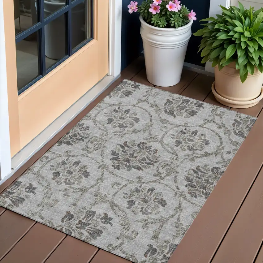 Gray Charcoal And Taupe Floral Washable Indoor Outdoor Area Rug Photo 1