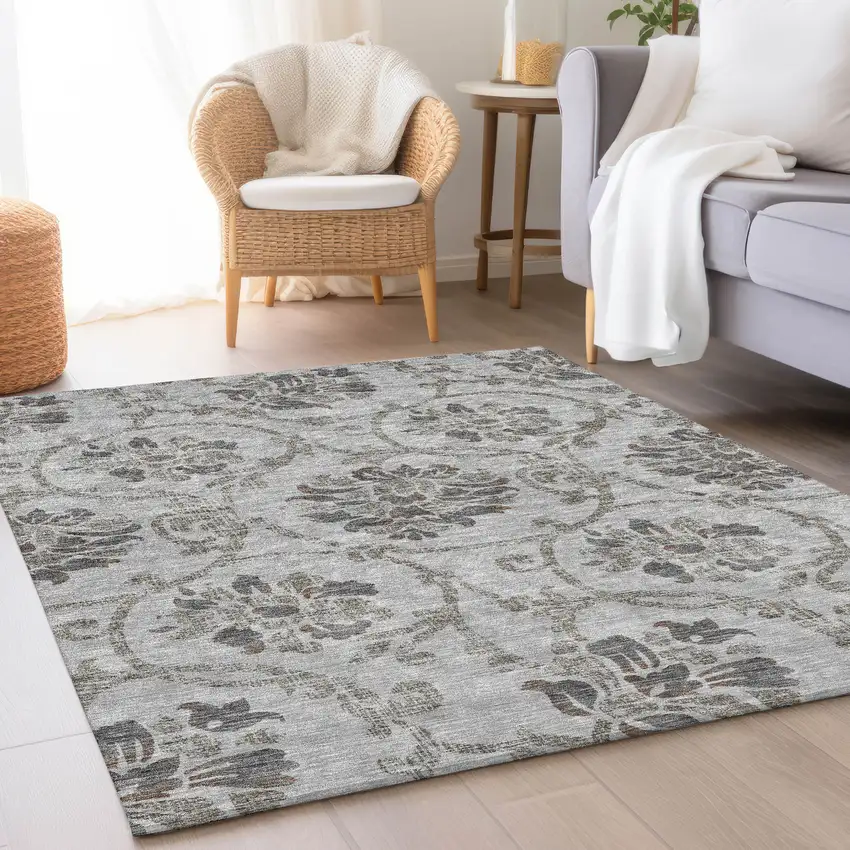 Gray Charcoal And Taupe Floral Washable Indoor Outdoor Area Rug Photo 8