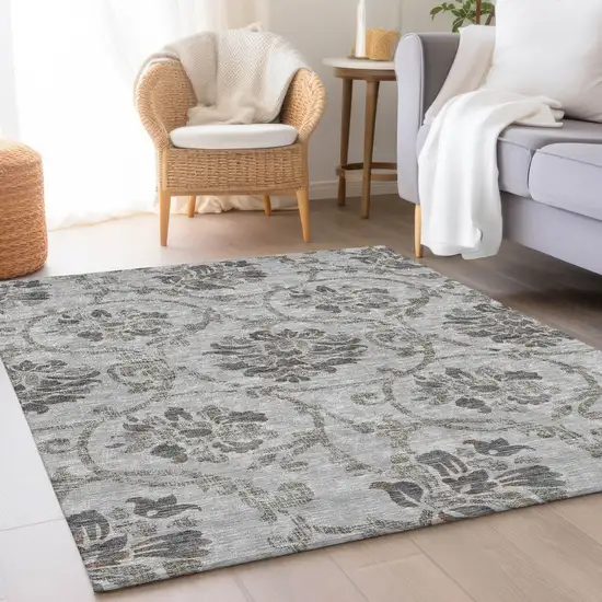 Gray Charcoal And Taupe Floral Washable Indoor Outdoor Area Rug Photo 8