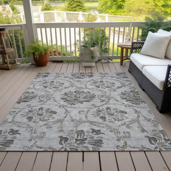 Gray Charcoal And Taupe Floral Washable Indoor Outdoor Area Rug Photo 7