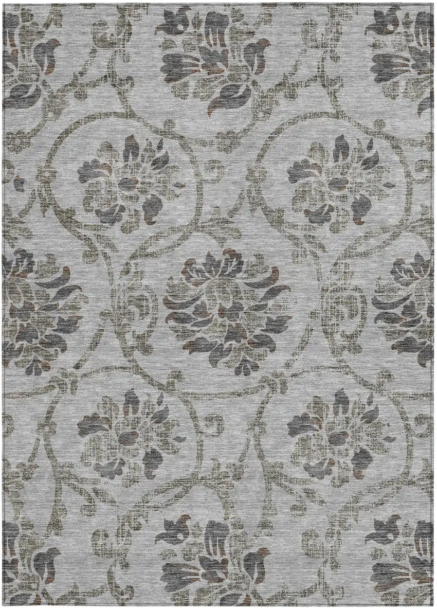 Gray Charcoal And Taupe Floral Washable Indoor Outdoor Area Rug Photo 4
