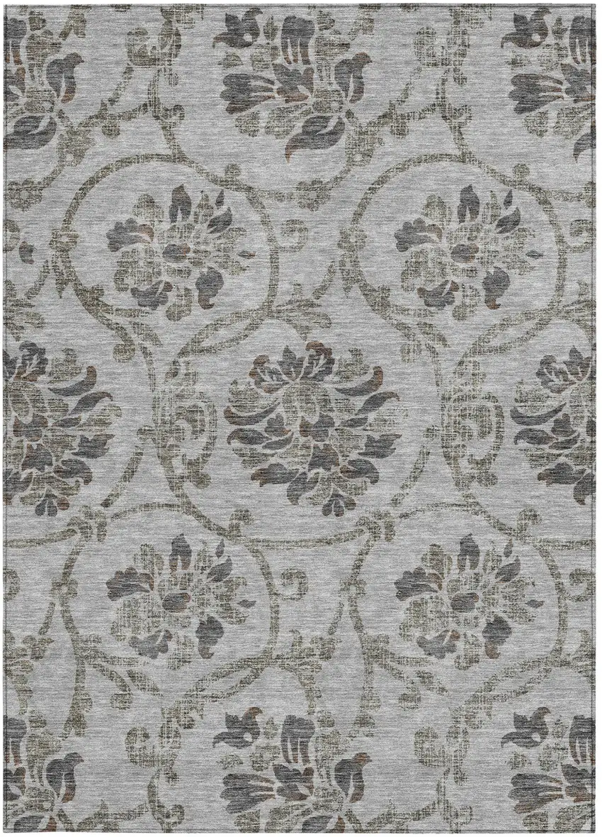 Gray Charcoal And Taupe Floral Washable Indoor Outdoor Area Rug Photo 4