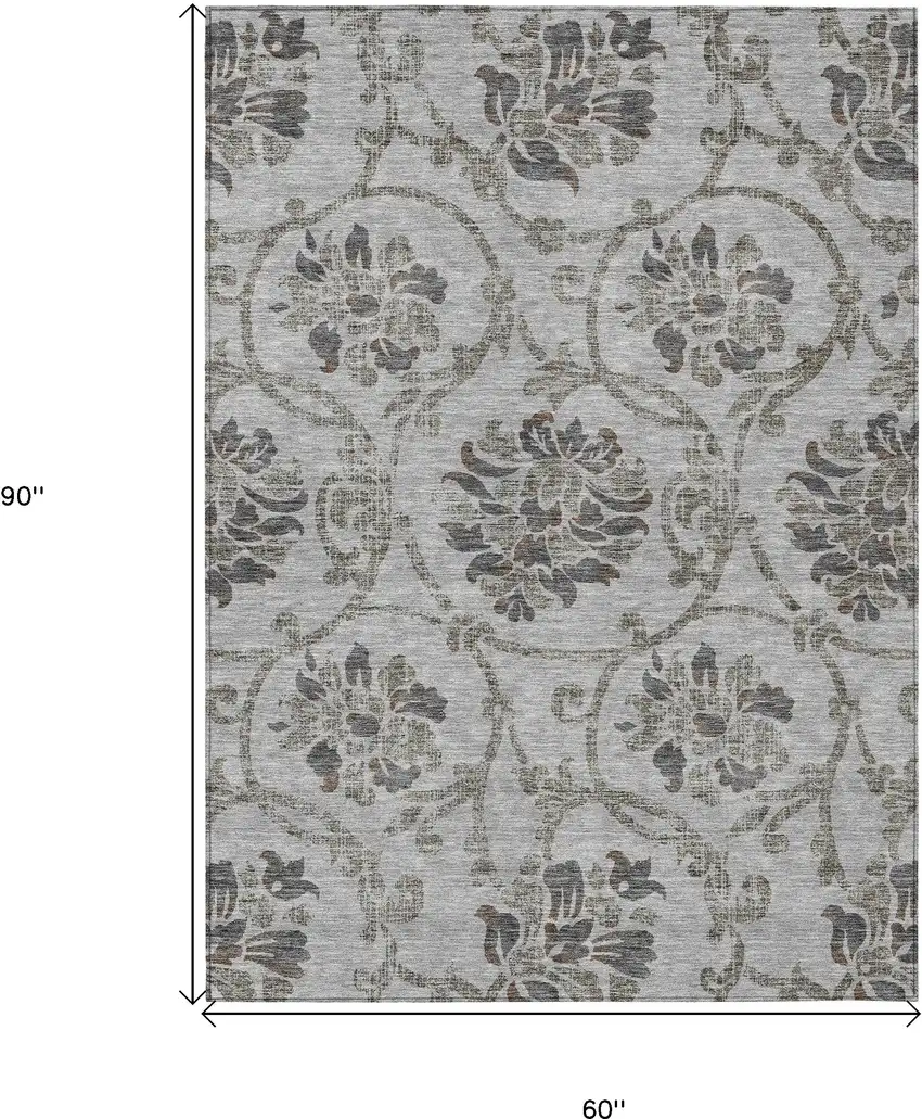 Gray Charcoal And Taupe Floral Washable Indoor Outdoor Area Rug Photo 9