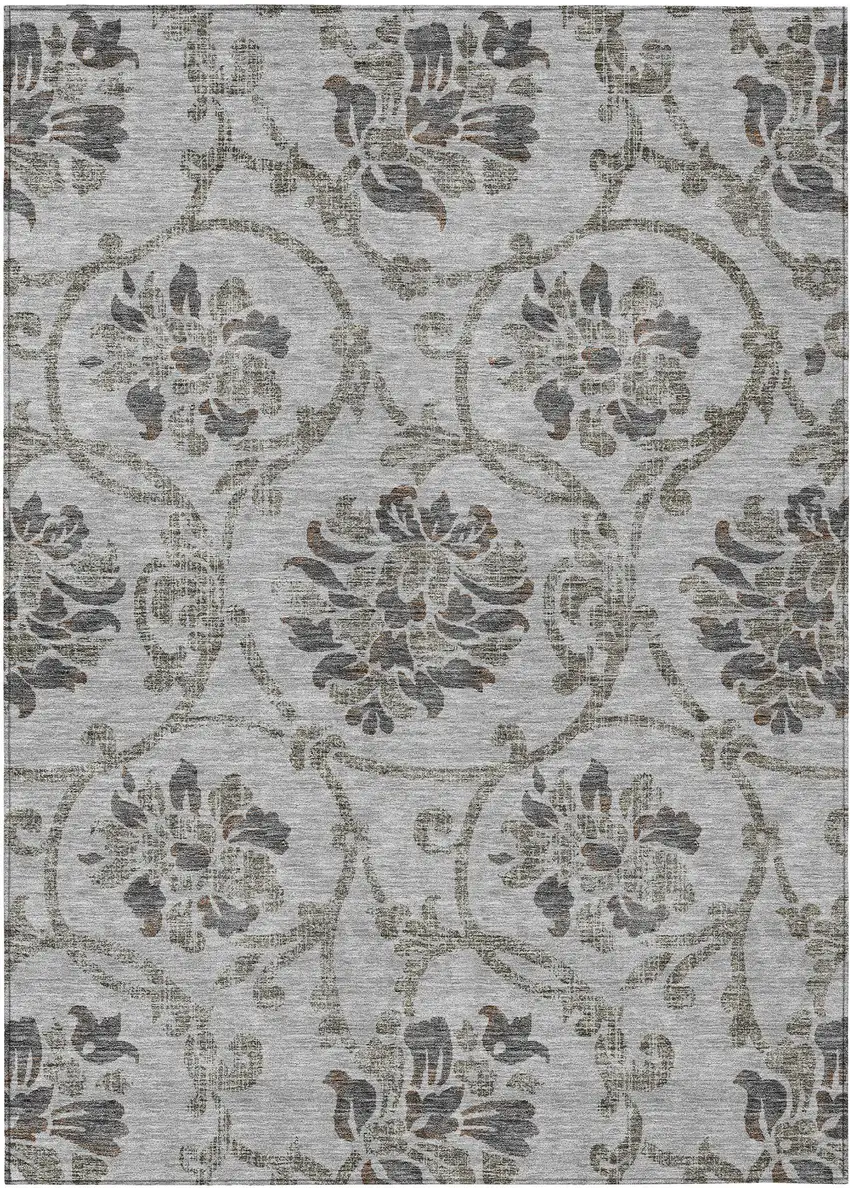 Gray Charcoal And Taupe Floral Washable Indoor Outdoor Area Rug Photo 1