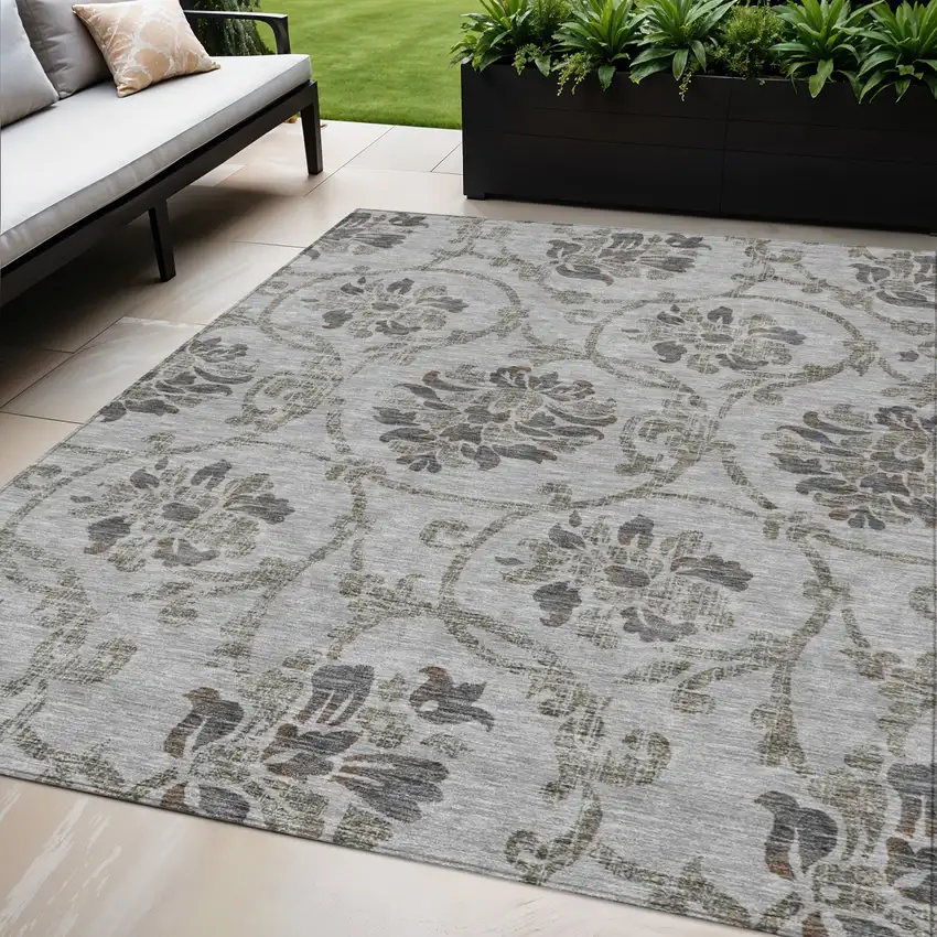 Gray Charcoal And Taupe Floral Washable Indoor Outdoor Area Rug Photo 1