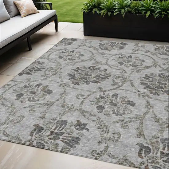 Gray Charcoal And Taupe Floral Washable Indoor Outdoor Area Rug Photo 1