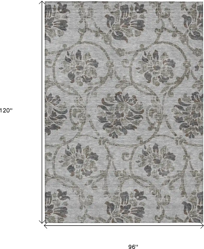 Gray Charcoal And Taupe Floral Washable Indoor Outdoor Area Rug Photo 3