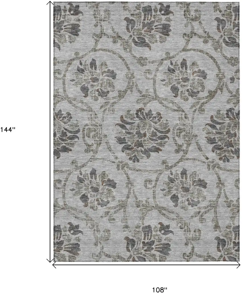 Gray Charcoal And Taupe Floral Washable Indoor Outdoor Area Rug Photo 3