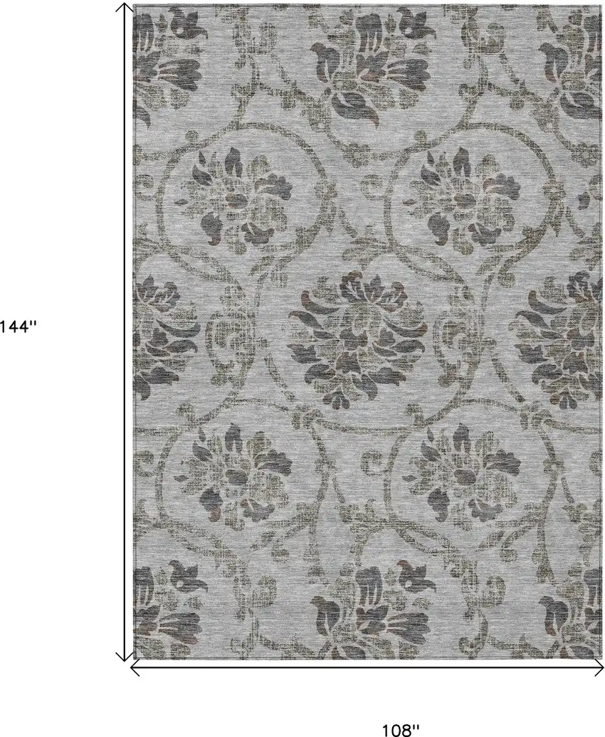 Gray Charcoal And Taupe Floral Washable Indoor Outdoor Area Rug Photo 3