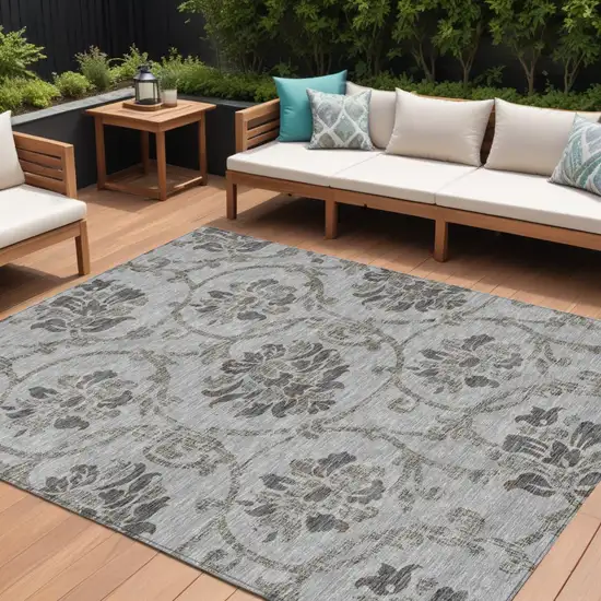 Gray Charcoal And Taupe Floral Washable Indoor Outdoor Area Rug Photo 1