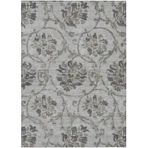 Photo of Gray Charcoal And Taupe Floral Washable Indoor Outdoor Area Rug