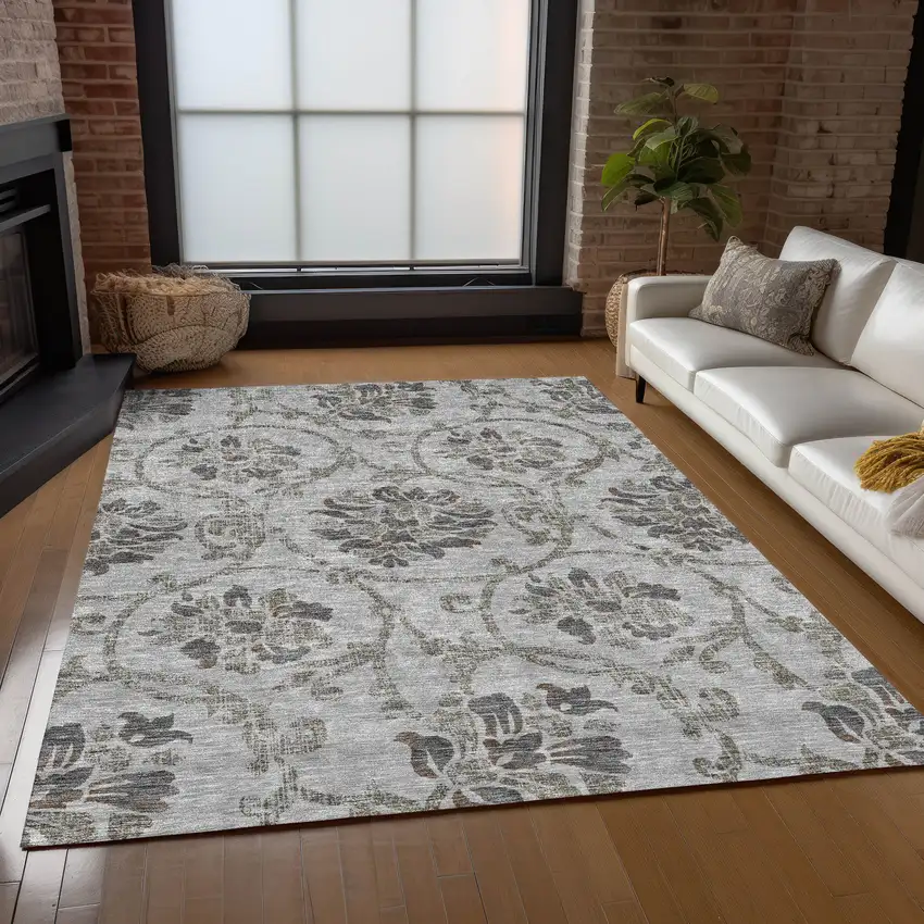 Gray Charcoal And Taupe Floral Washable Indoor Outdoor Area Rug Photo 8