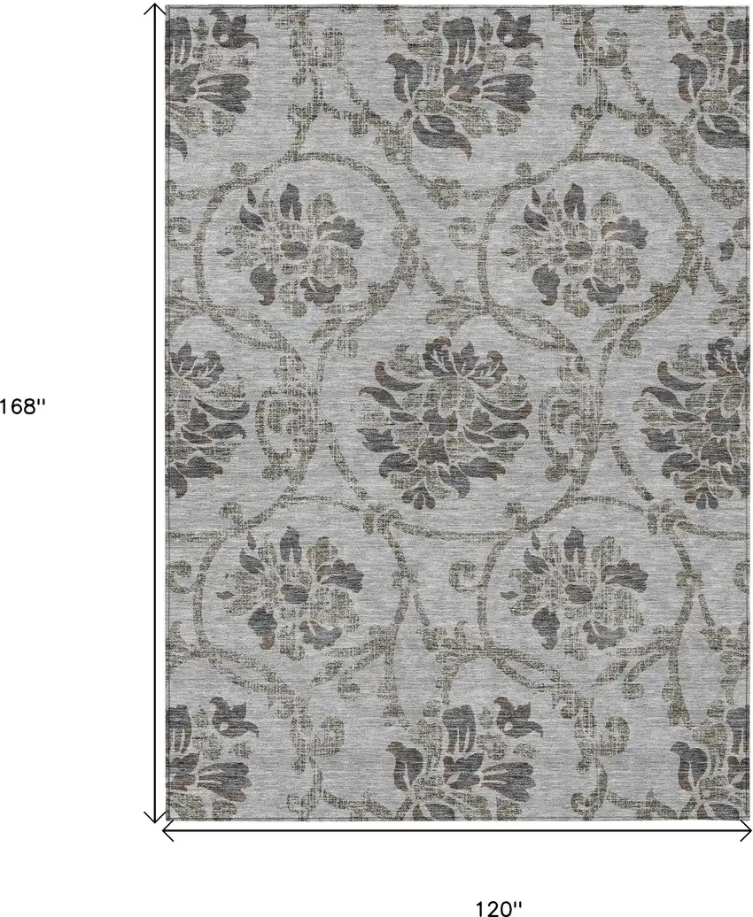 Gray Charcoal And Taupe Floral Washable Indoor Outdoor Area Rug Photo 3
