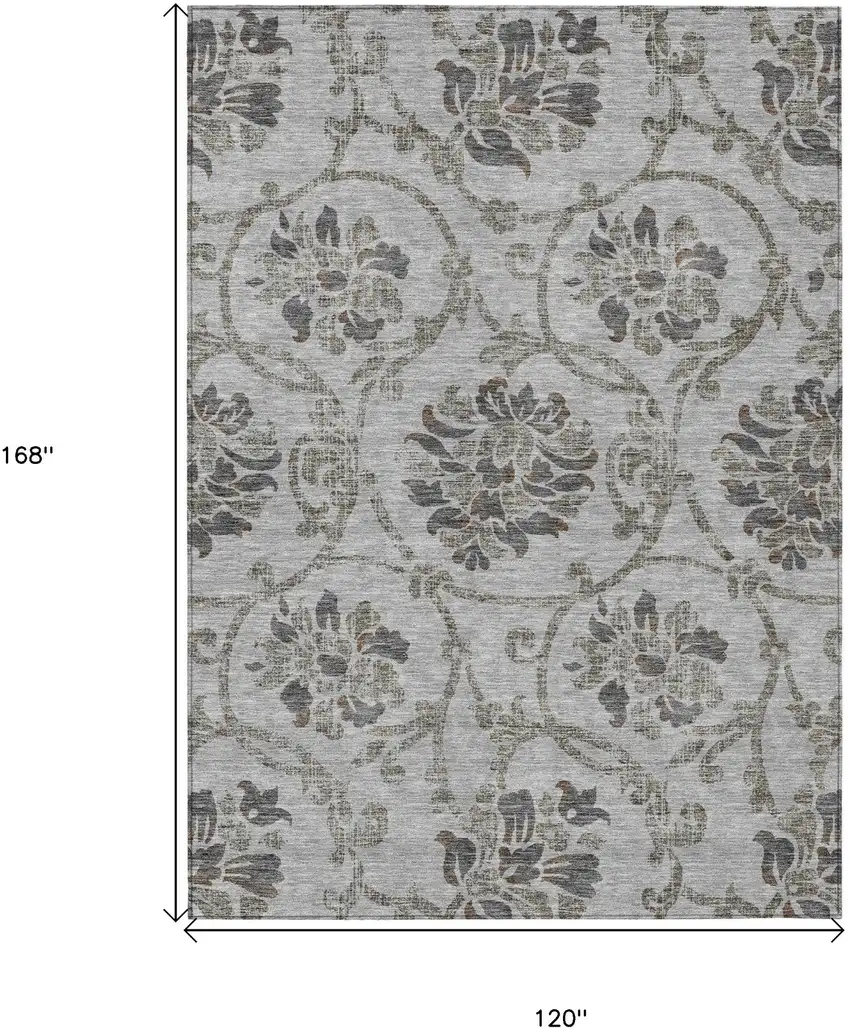Gray Charcoal And Taupe Floral Washable Indoor Outdoor Area Rug Photo 3