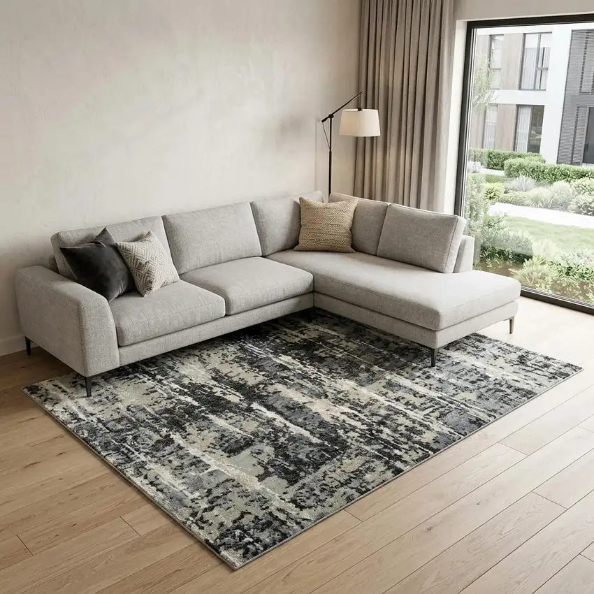 Gray Charcoal Beige And Ivory Abstract Hand Carved Handmade Area Rug Photo 1