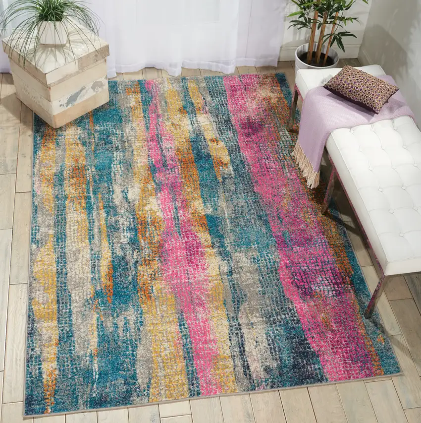 Blue Pink And Gold Abstract Distressed Area Rug Photo 5
