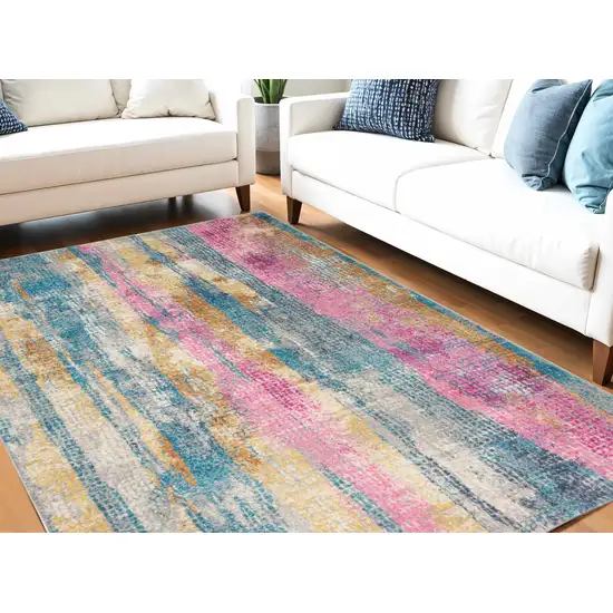 Blue Pink And Gold Abstract Distressed Area Rug Photo 2