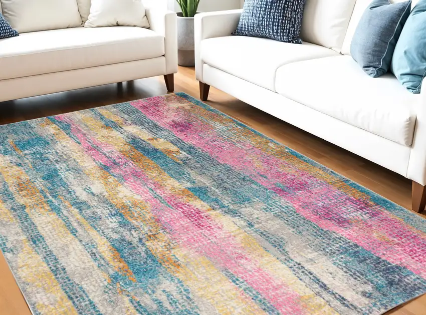 Blue Pink And Gold Abstract Distressed Area Rug Photo 2