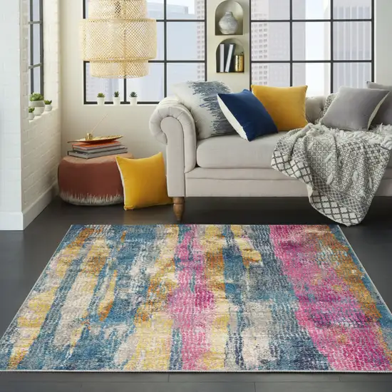 Blue Pink And Gold Abstract Distressed Area Rug Photo 6