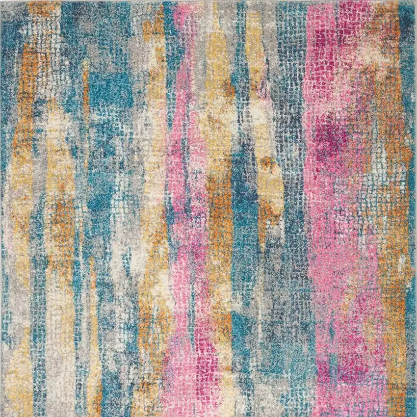 Blue Pink And Gold Abstract Distressed Area Rug Photo 4