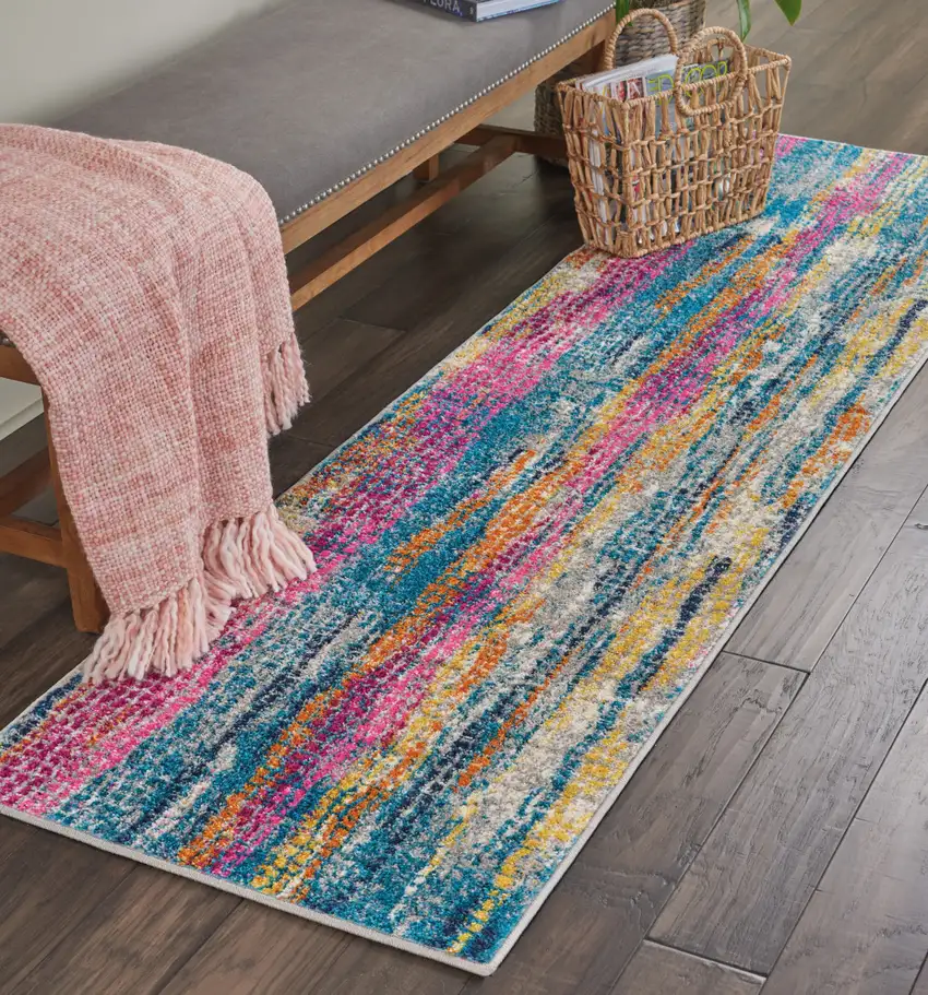 8' Pink And Blue Abstract Power Loom Runner Rug Photo 5