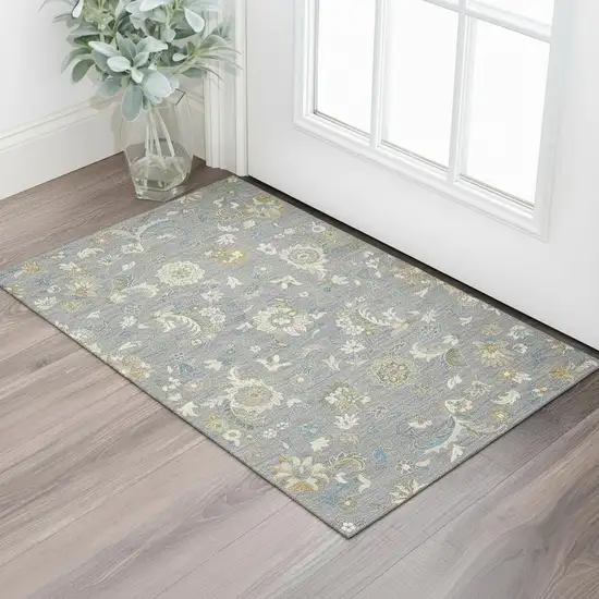 Gray Copper And Blue Floral Washable Area Rug With UV Protection Photo 2