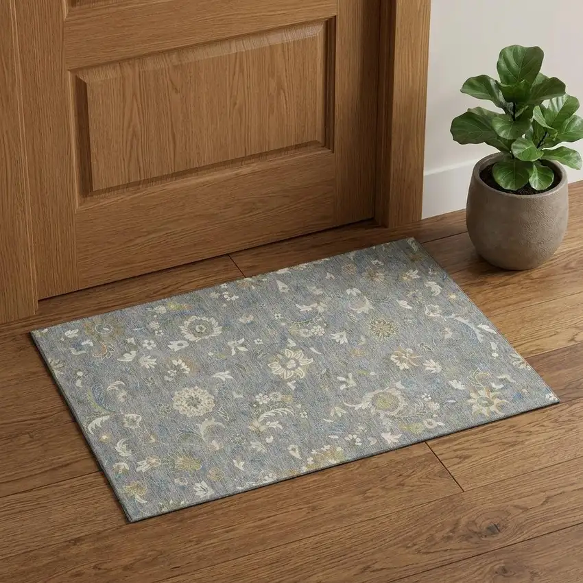Gray Copper And Blue Floral Washable Area Rug With UV Protection Photo 1