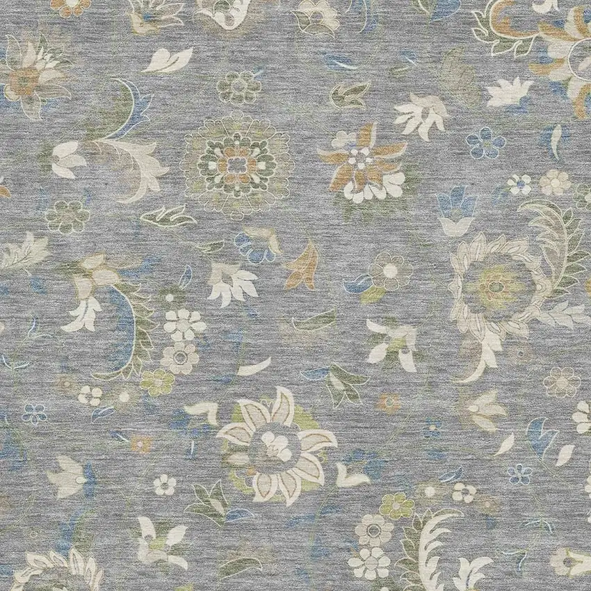 Gray Copper And Blue Floral Washable Area Rug With UV Protection Photo 2