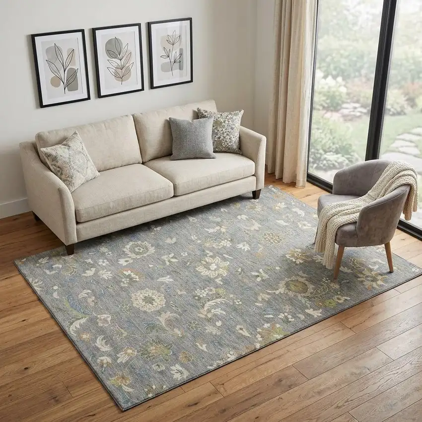 Gray Copper And Blue Floral Washable Area Rug With UV Protection Photo 1