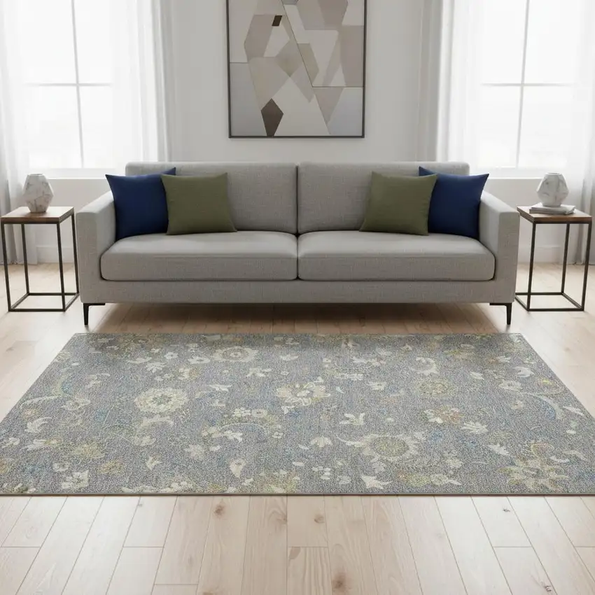 Gray Copper And Blue Floral Washable Area Rug With UV Protection Photo 2