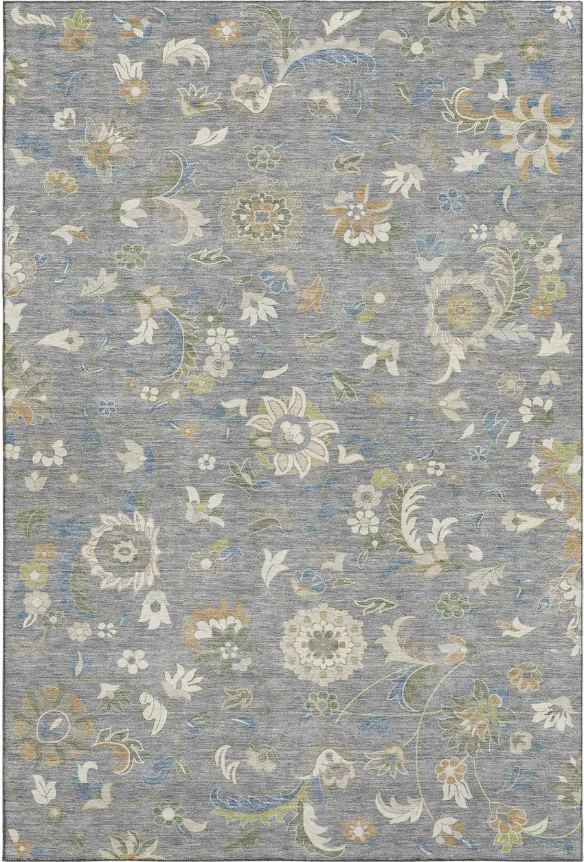 Gray Copper And Blue Floral Washable Area Rug With UV Protection Photo 1