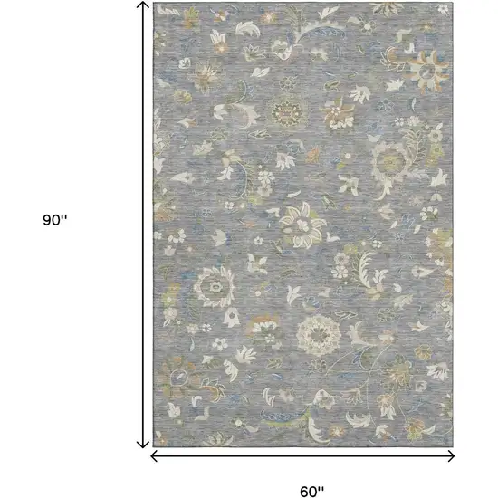 Gray Copper And Blue Floral Washable Area Rug With UV Protection Photo 7