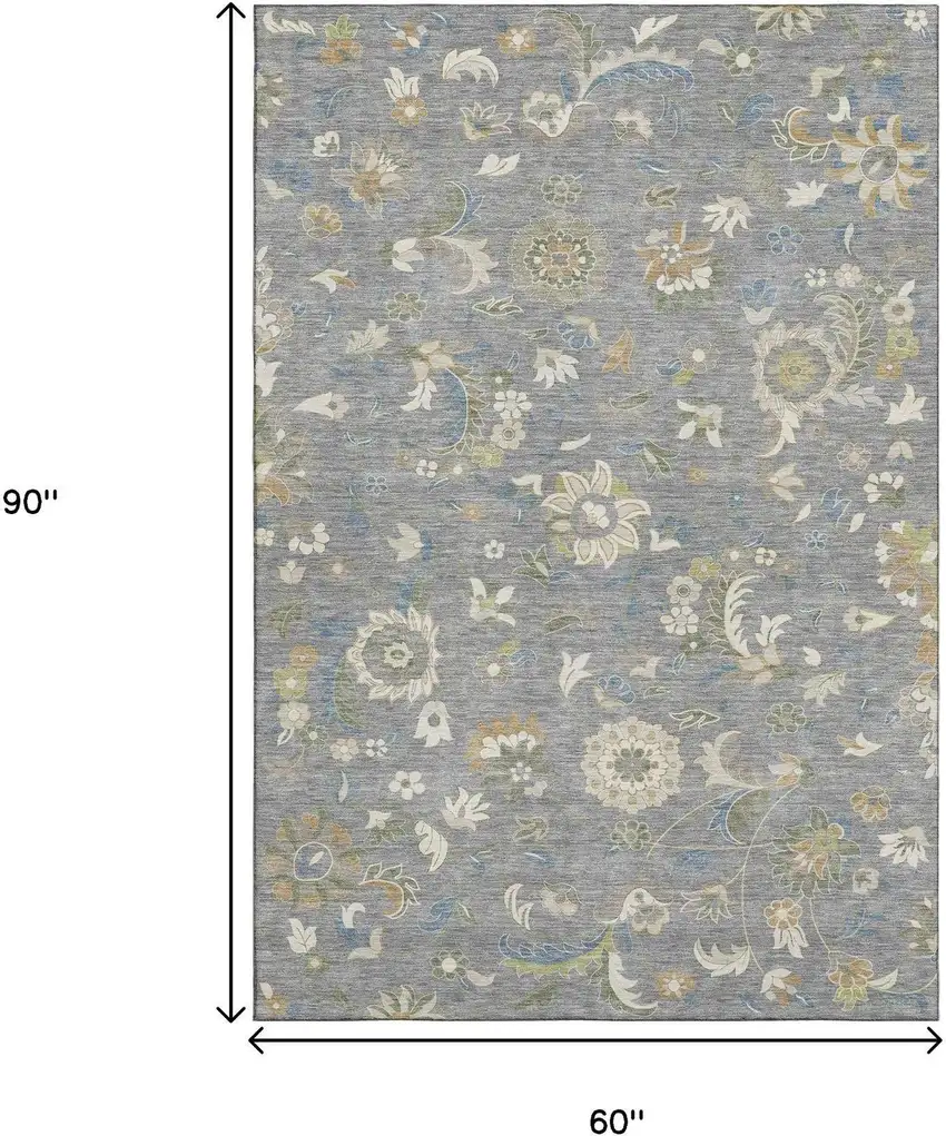 Gray Copper And Blue Floral Washable Area Rug With UV Protection Photo 7