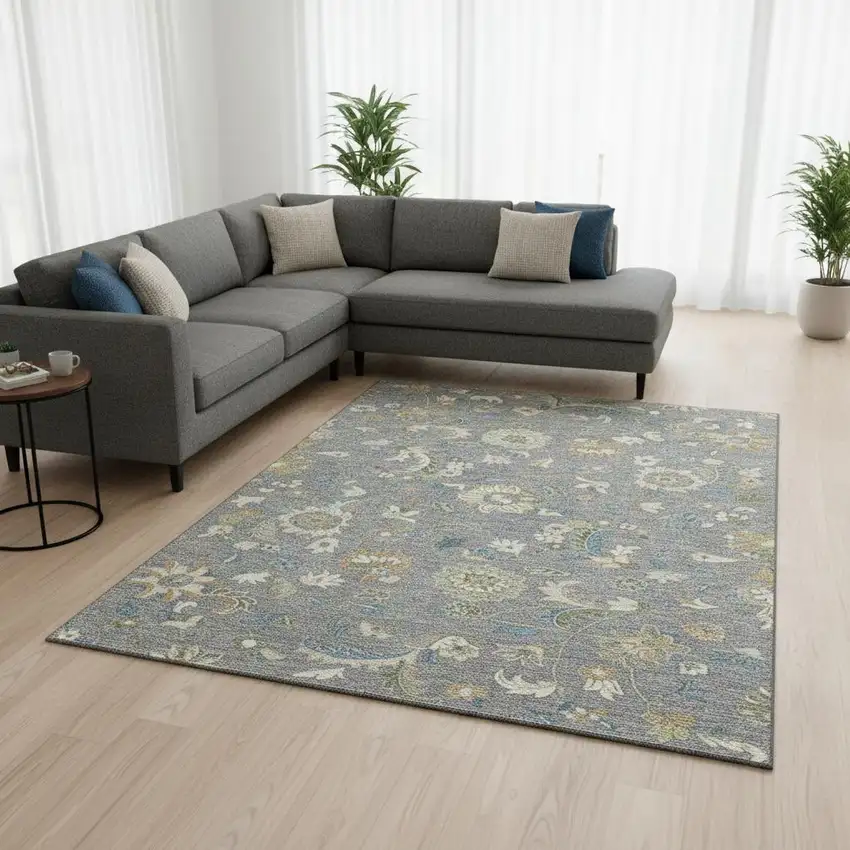 Gray Copper And Blue Floral Washable Area Rug With UV Protection Photo 2