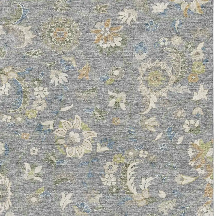 Gray Copper And Blue Floral Washable Area Rug With UV Protection Photo 2