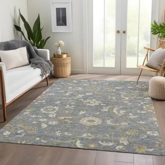 Gray Copper And Blue Floral Washable Area Rug With UV Protection Photo 5