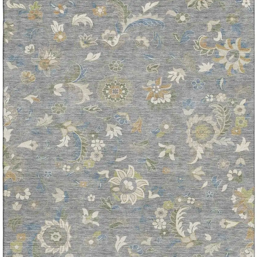 Gray Copper And Blue Floral Washable Area Rug With UV Protection Photo 3