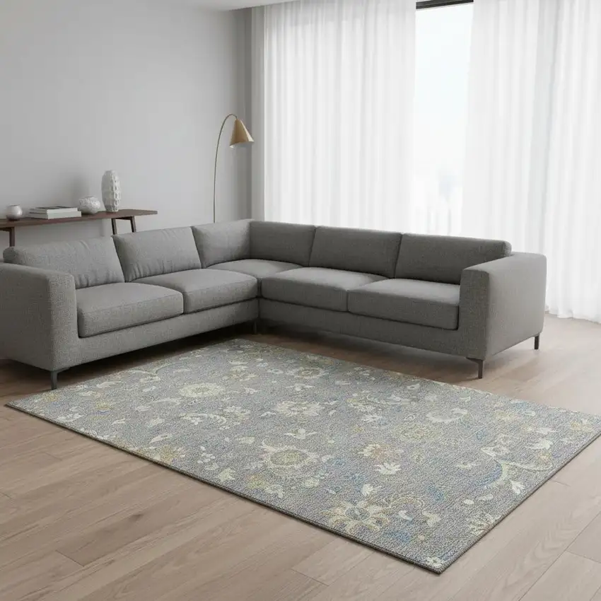 Gray Copper And Blue Floral Washable Area Rug With UV Protection Photo 2