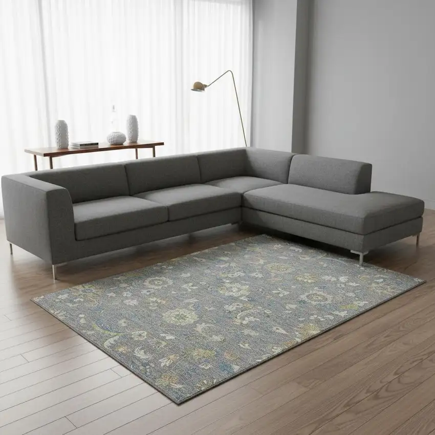 Gray Copper And Blue Floral Washable Area Rug With UV Protection Photo 2