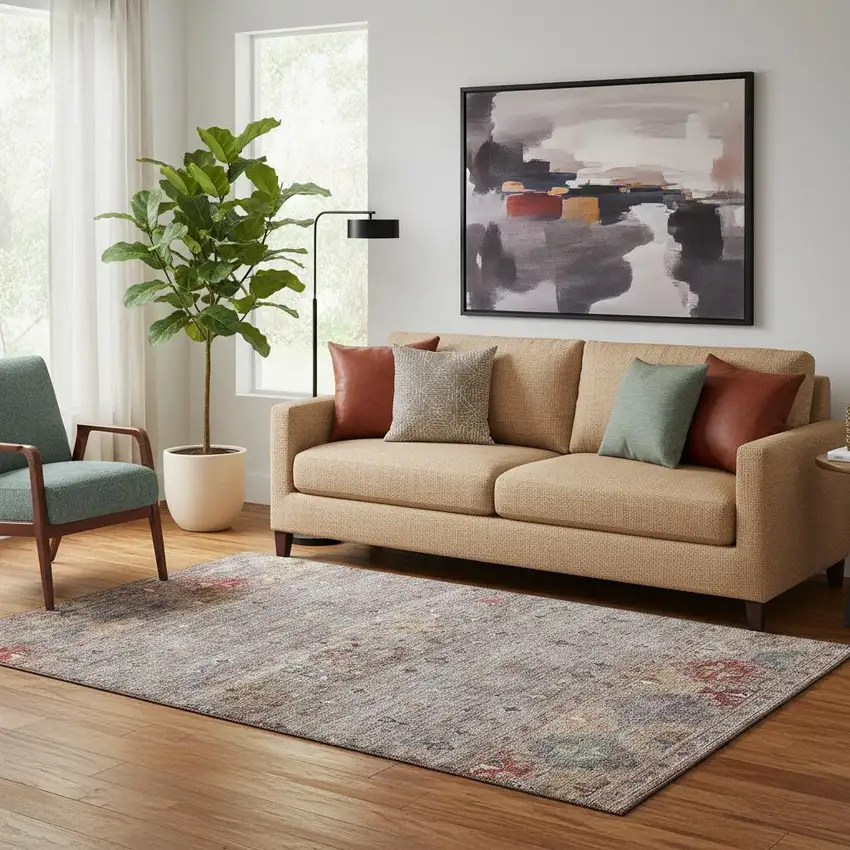 Gray Copper And Blue Tribal Washable Area Rug With UV Protection Photo 2