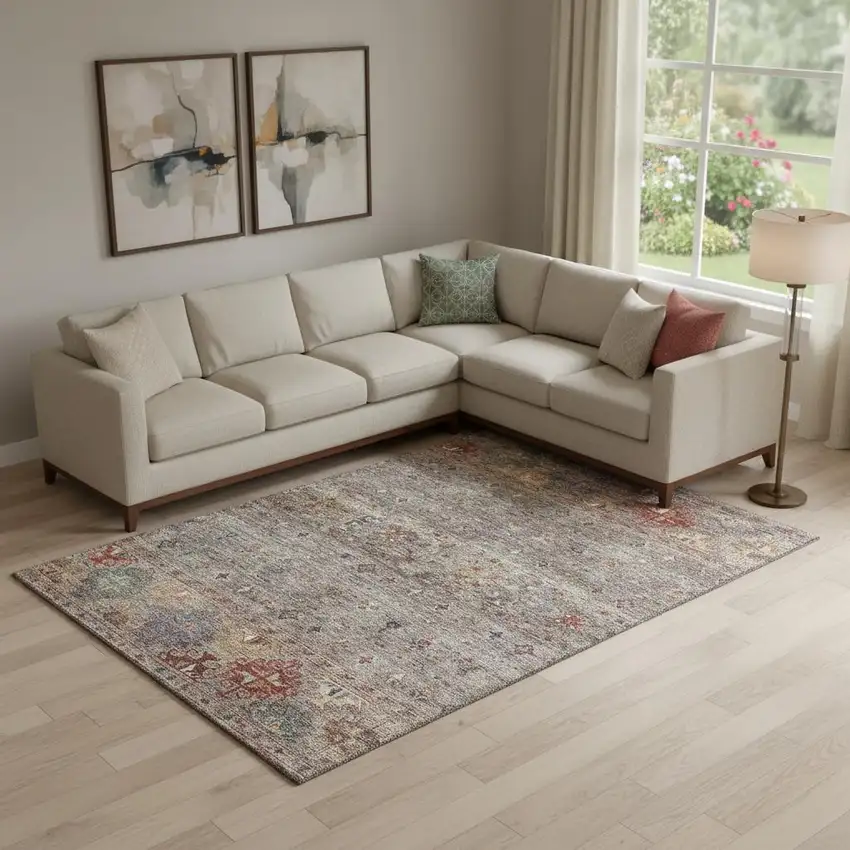 Gray Copper And Blue Tribal Washable Area Rug With UV Protection Photo 2