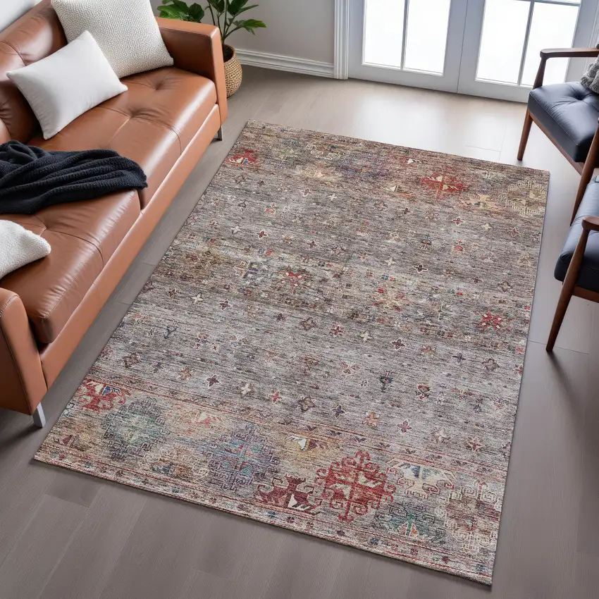 Gray Copper And Blue Tribal Washable Area Rug With UV Protection Photo 4