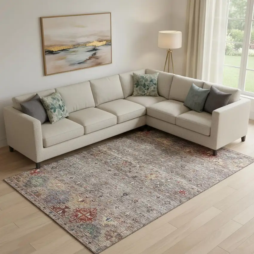 Gray Copper And Blue Tribal Washable Area Rug With UV Protection Photo 2