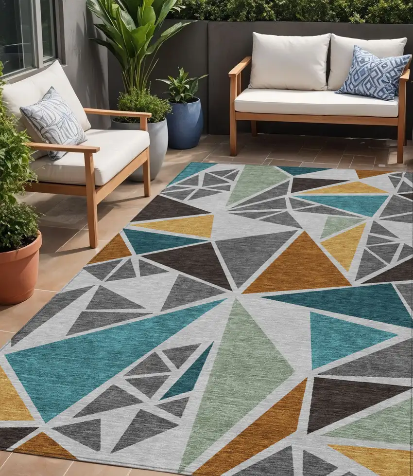 Gray Copper And Brown Geometric Washable Indoor Outdoor Area Rug Photo 1