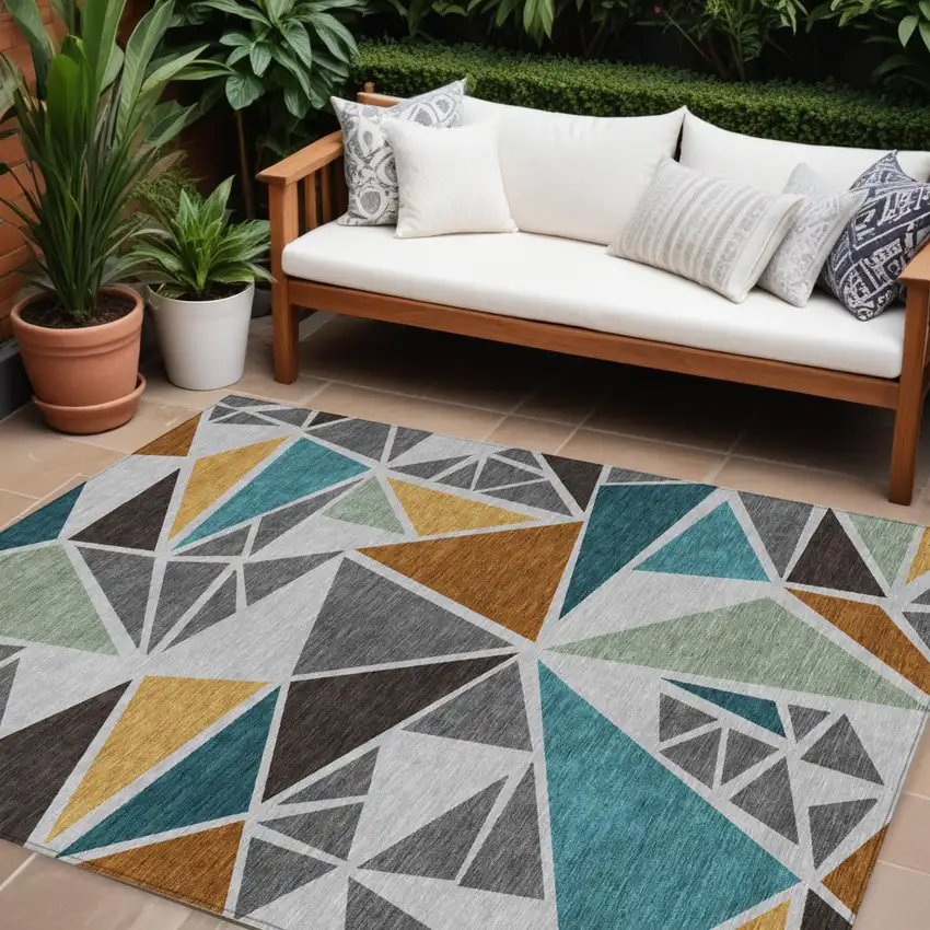 Gray Copper And Brown Geometric Washable Indoor Outdoor Area Rug Photo 1