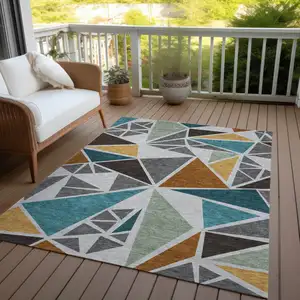 Photo of Gray Copper And Brown Geometric Washable Indoor Outdoor Area Rug
