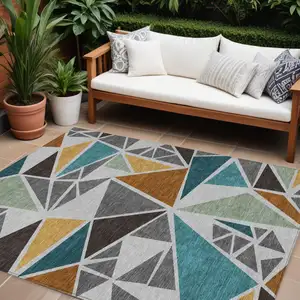 Photo of Gray Copper And Brown Geometric Washable Indoor Outdoor Area Rug